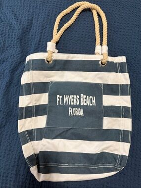 Striped Canvas Beach Tote - Navy & White with Rope Handles